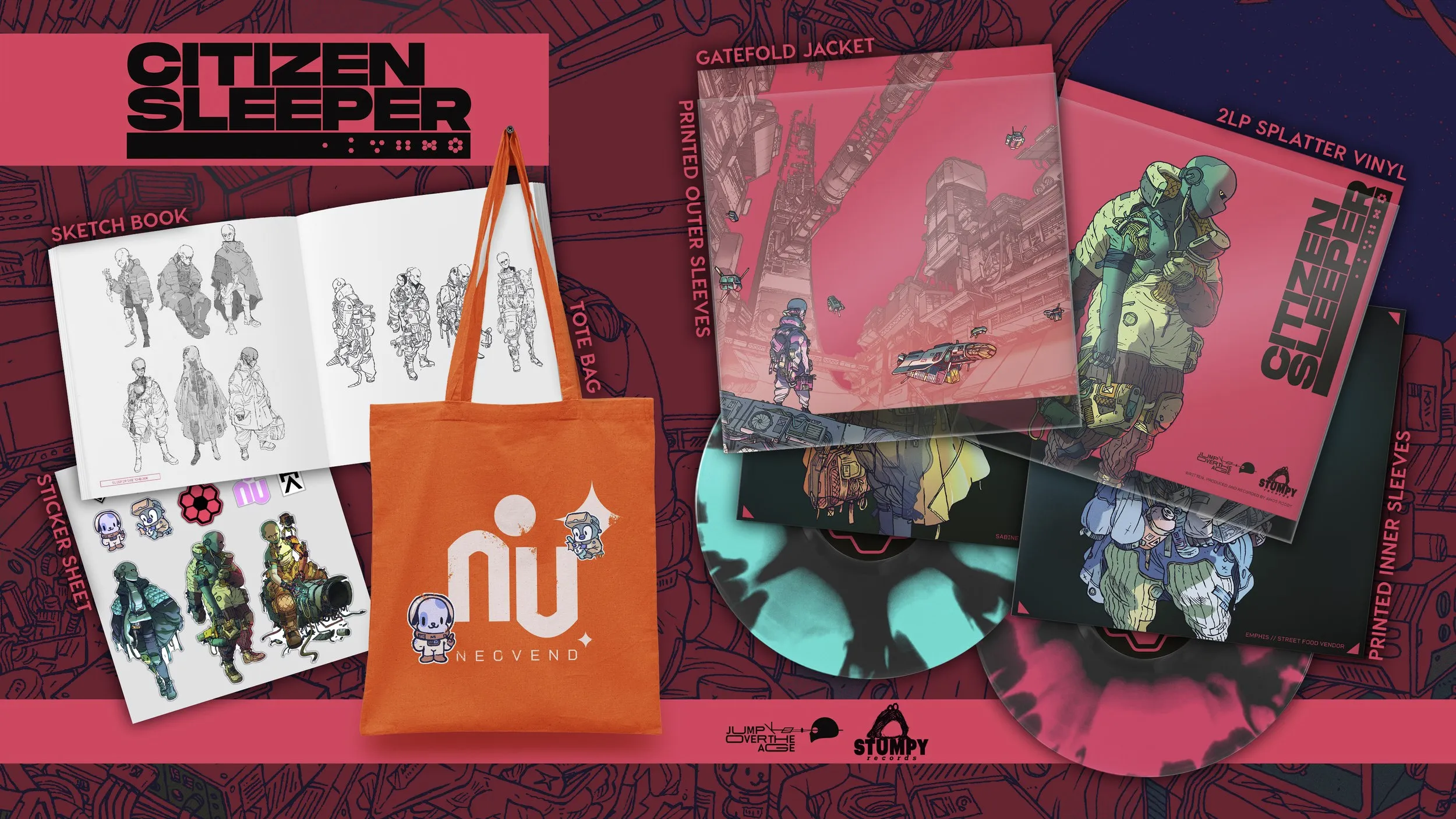 Citizen Sleeper sketch book, sticker sheet, canvas bag and inner, outer sleeves with vinyl variants